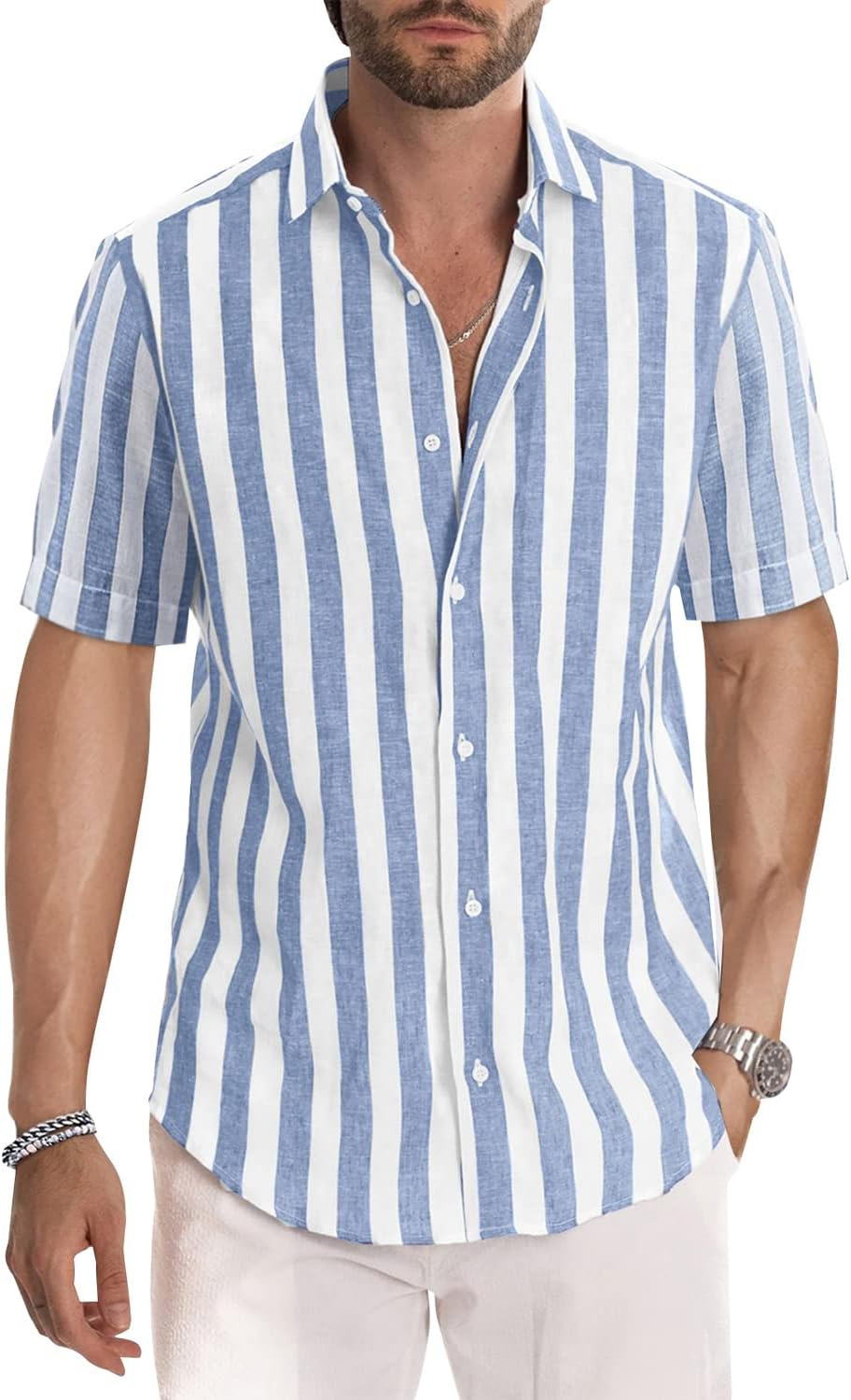 Men\'s Casual Stylish Short Sleeve Cotton Button-Up Striped Dress Shirts