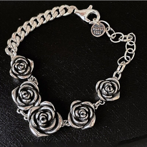 New 925 Sterling Silver Vintage Roses Flower Chain Bracelet Trendy Style Bangle
