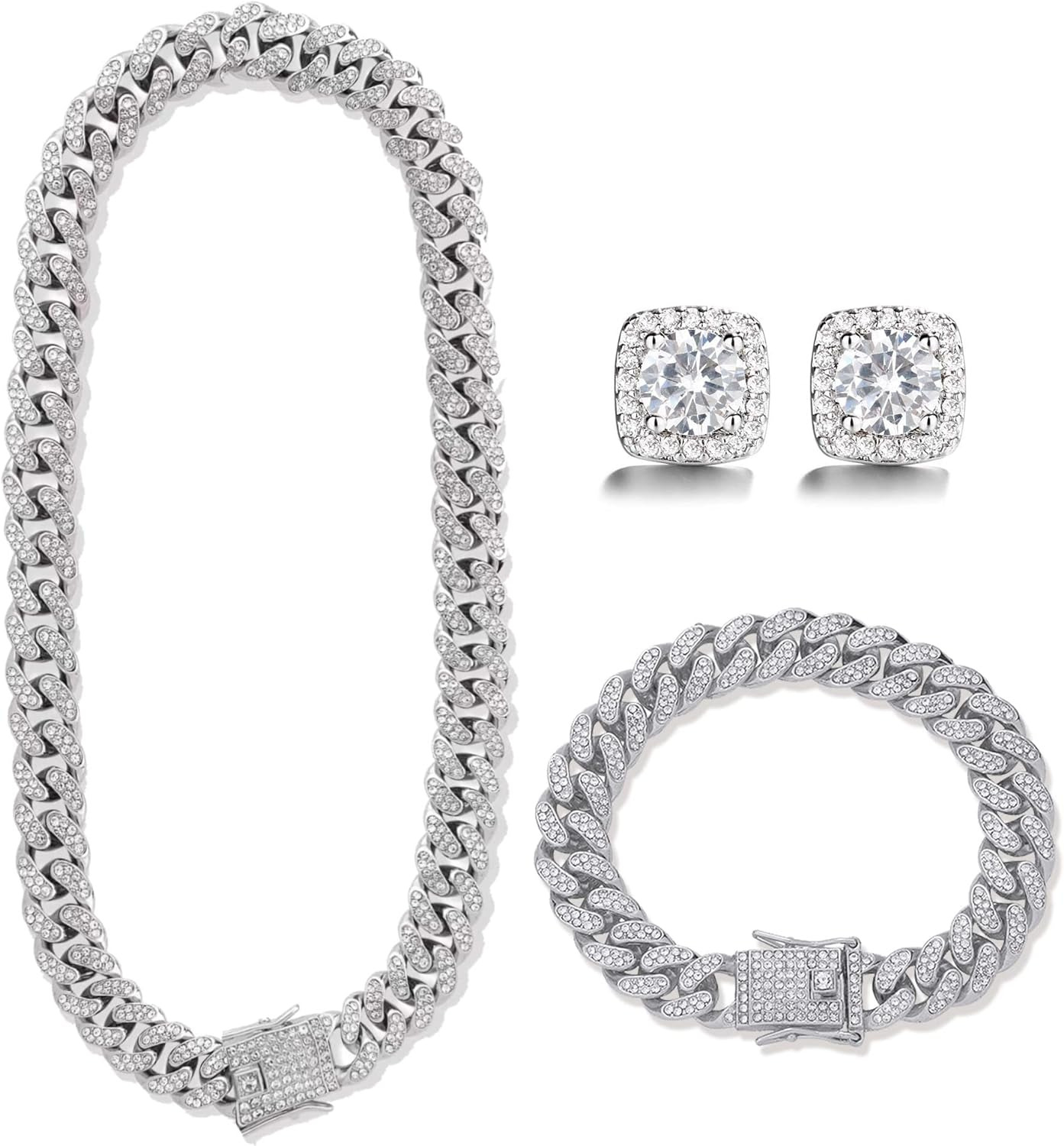 Mens Chains Diamond Cuban Link Chain Necklace Bracelets Set for Men Women Bling 
