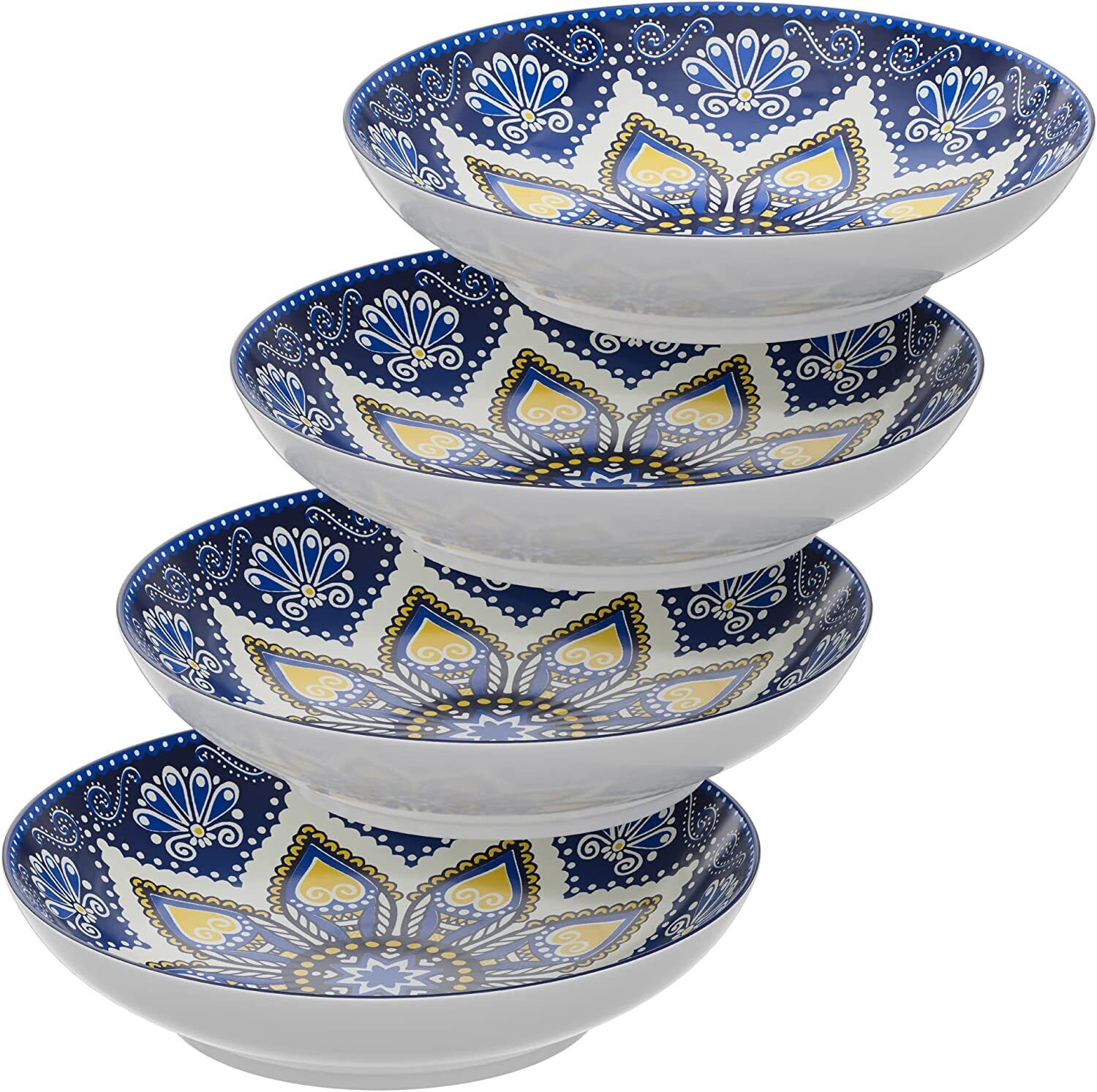American Atelier Pasta Bowls | Set of 4 Large, 9-inch - Blue & Yellow Medallion