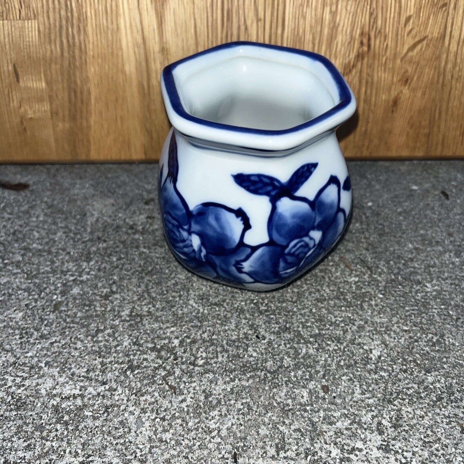 C. P. Ceramic Blue White Floral Hexagonal Asian Vase