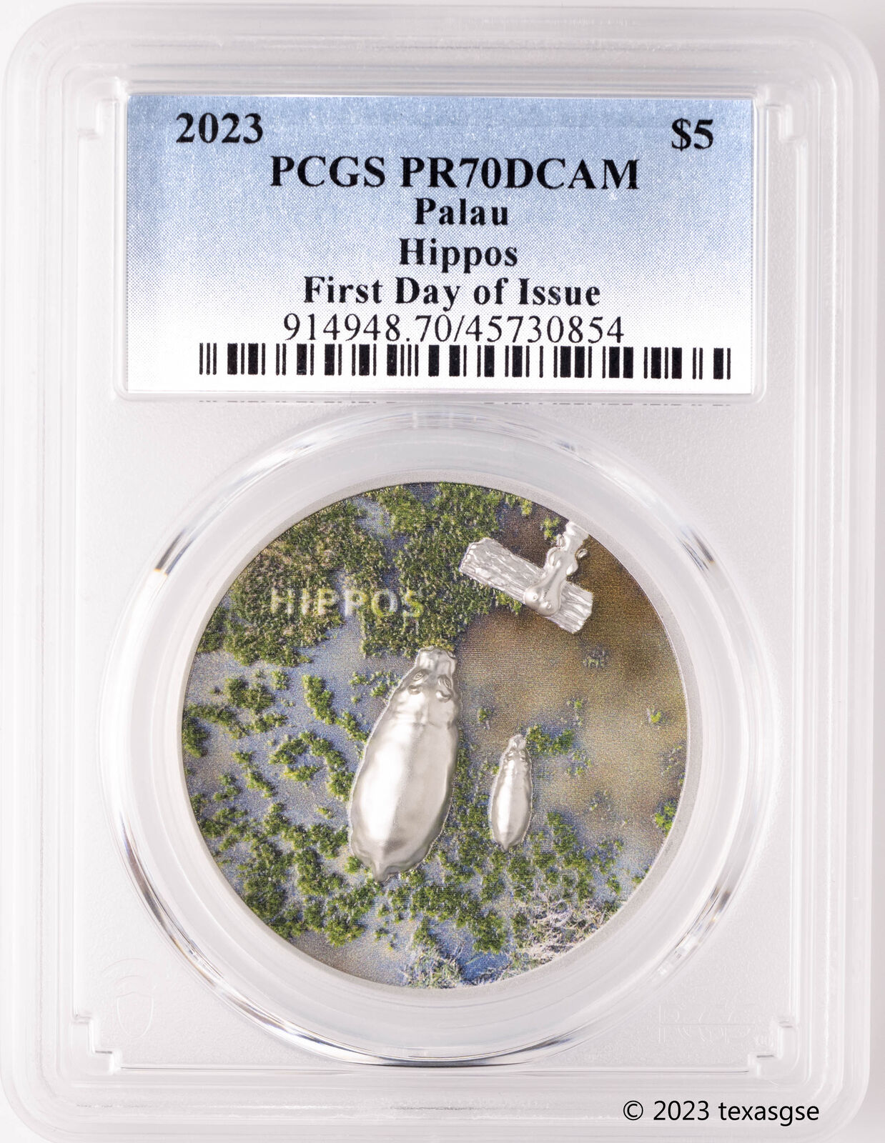 2023 Palau 1 oz Silver $5 Split Views - Hippos First Day Issue - PCGS PR70DCAM