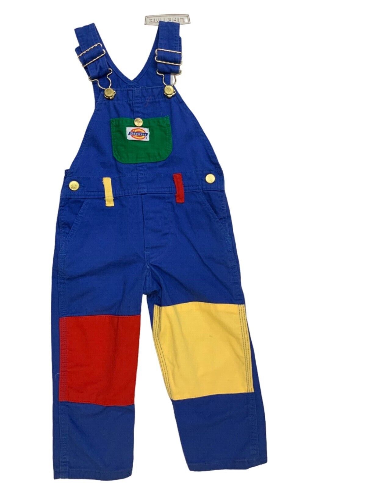 Dickies, Boys Blue with Green,Yellow,Red patch Long Pants Overalls (7-12 months)