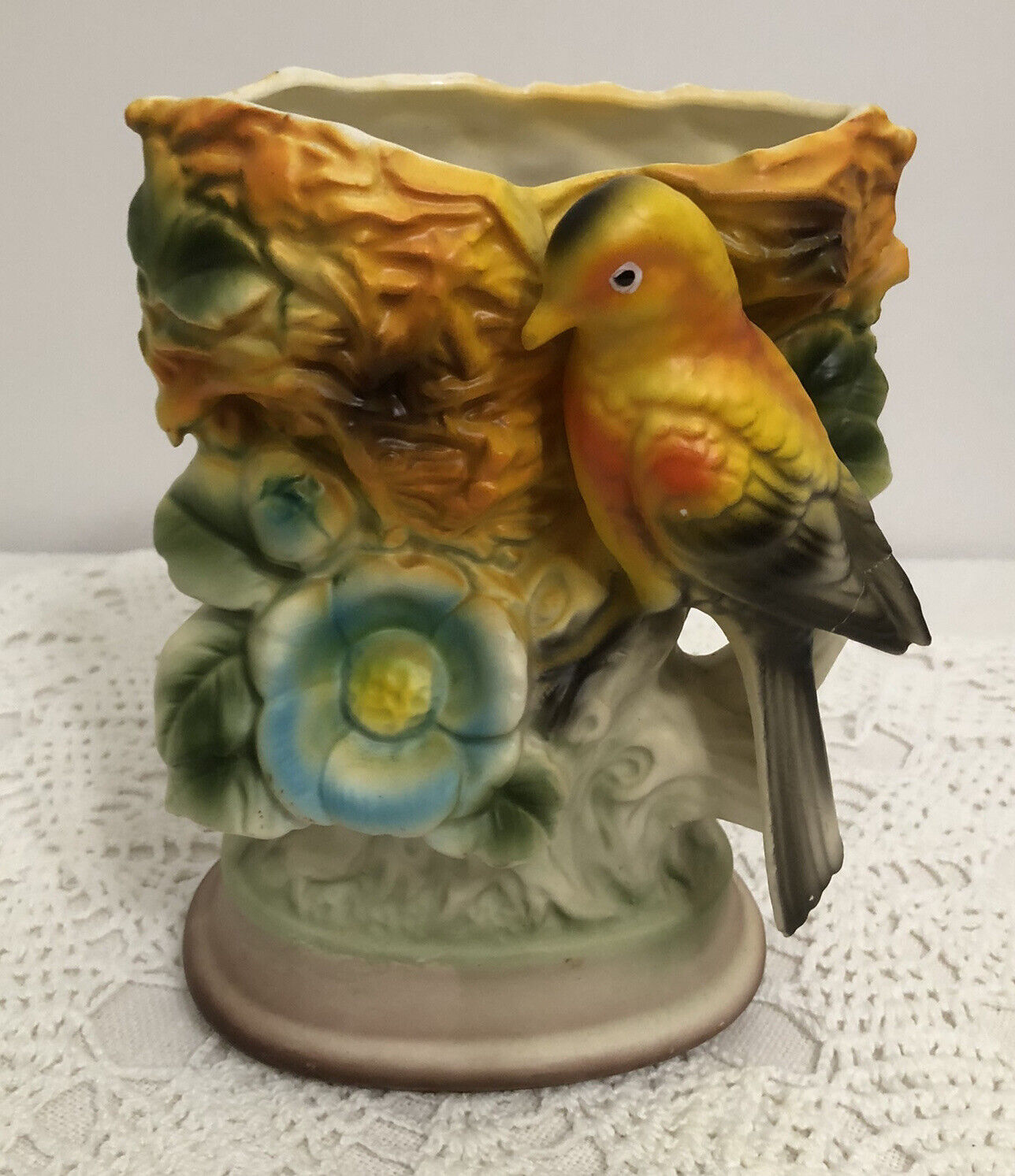Vintage Ardco Porcelain Bird And Nest Floral Vase Yellow 6” Tall x 4.5” Long