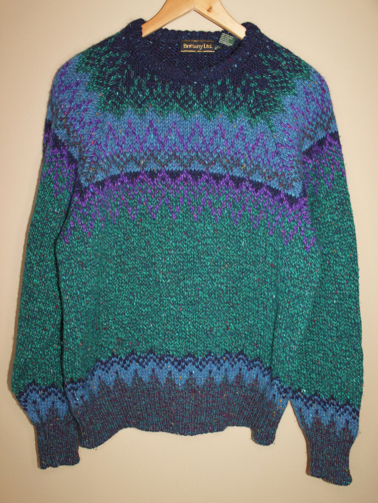 Vintage IRISH Brittany Ltd Men\'s  Knitted Wool Green Sweater Made in Ireland