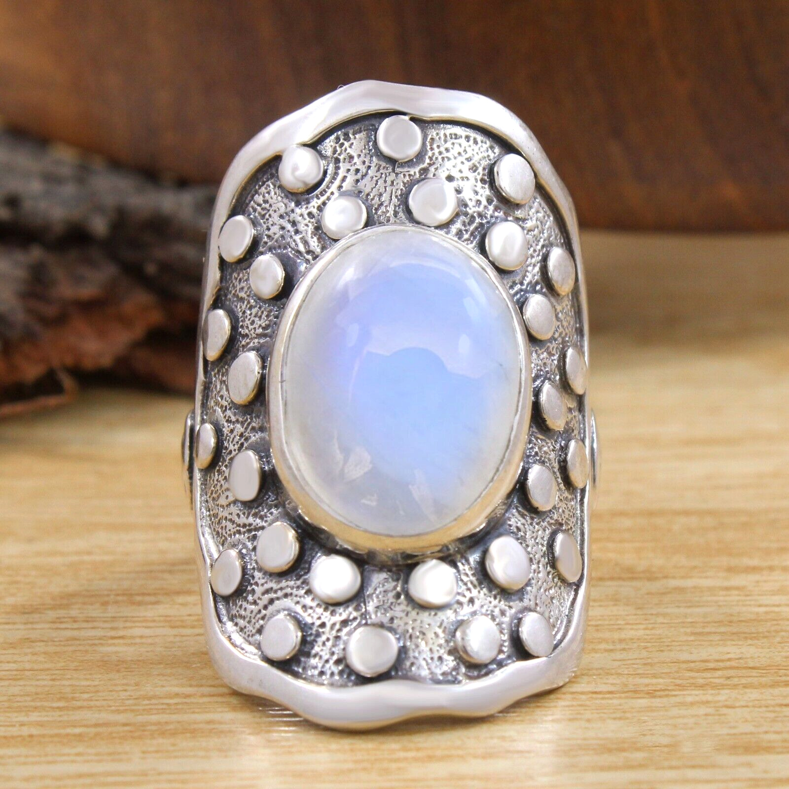 Heavy Vintage Navajo 925 Sterling Silver Ring With Rainbow Moonstone Size #8