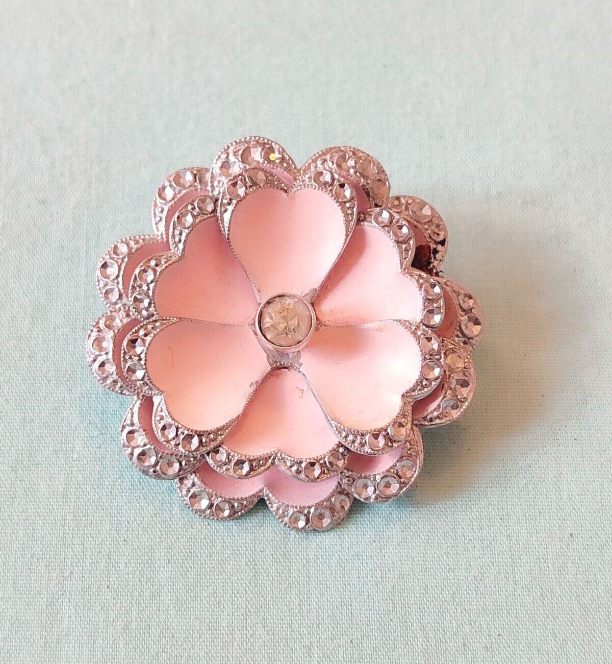 Vintage Pink Enamel Signed Czechoslovakia Flower Brooch Pin