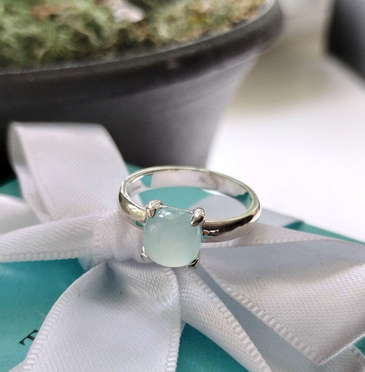 Tiffany & Co. PRISTINE 925  7mm Aqua Chalcedony Sugar Stacks Ring Size 7