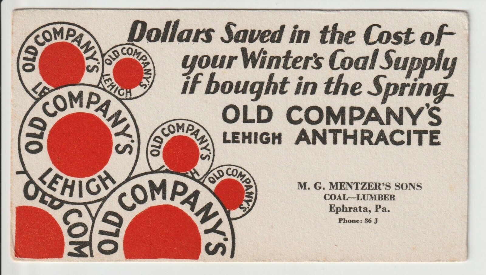 Old Company\'s Lehigh Anthracite Coal Advertising Blotter Ephrata Pa Mentzers 36J