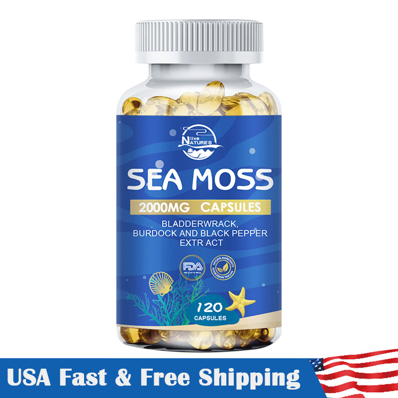 Organic Sea Moss 120 Capsules, Irish Sea Moss, bladderwrack & Burdock Root USA
