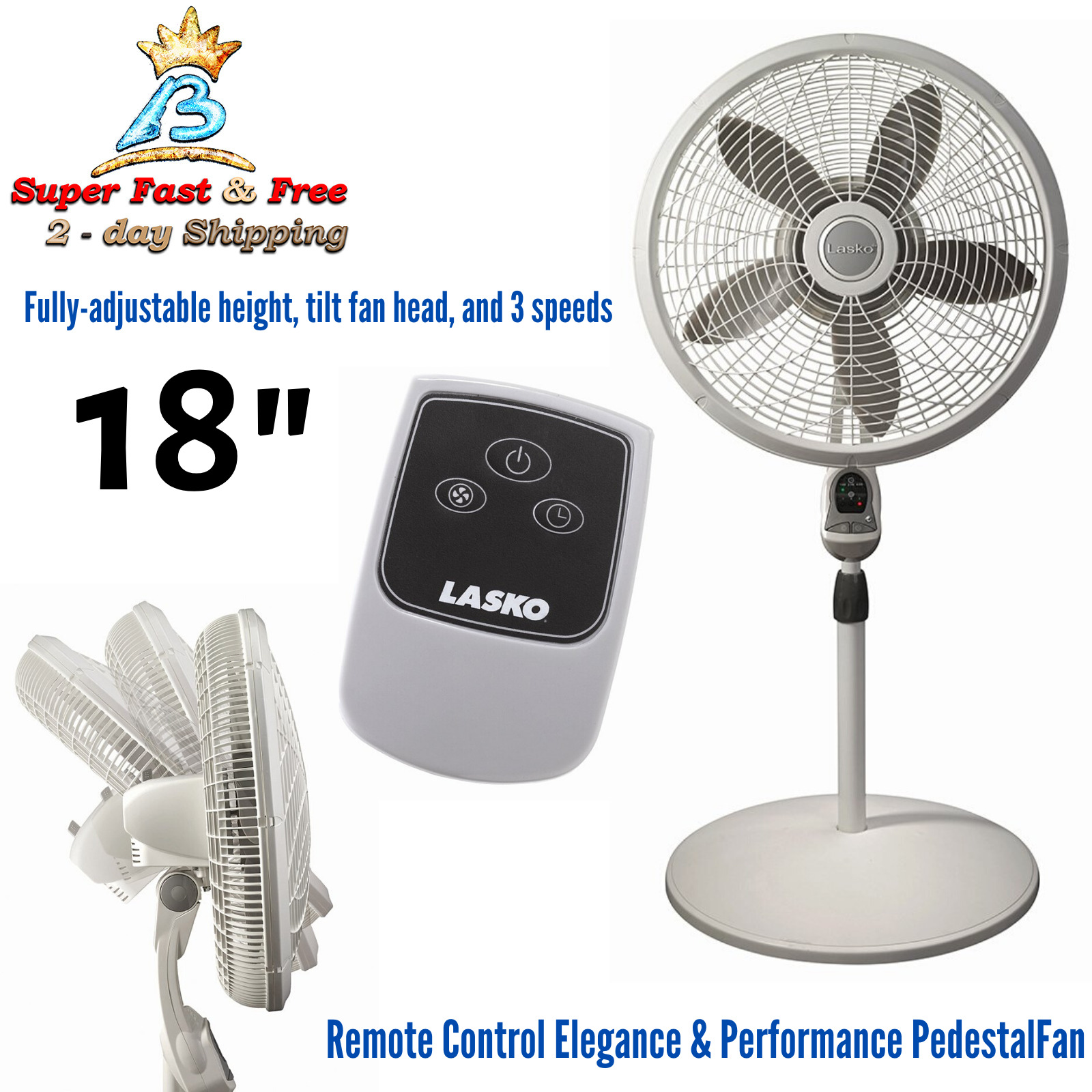 Home Elegant Oscillating Pedestal Stand Cooling Fan Remote Control 3 Speeds 18