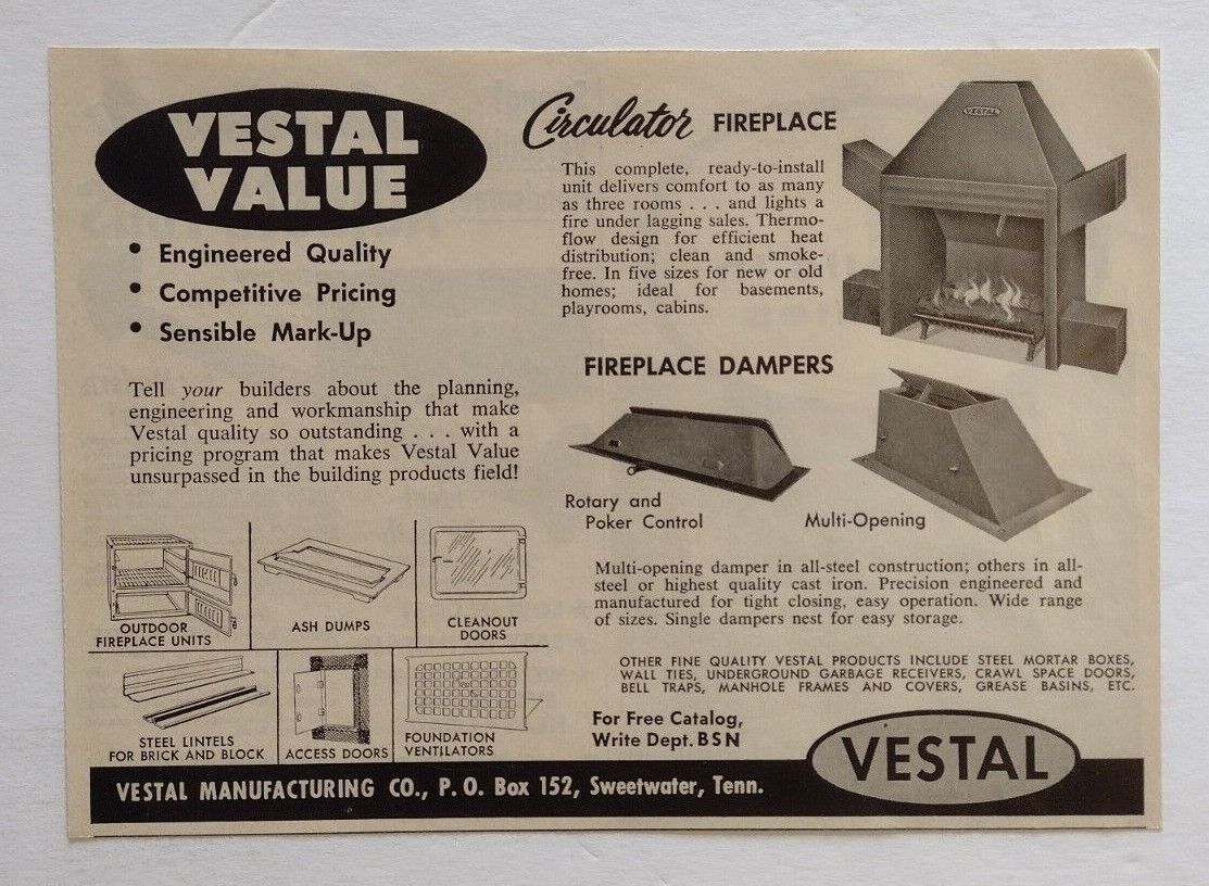 1958 Vestal Fireplace Advertisement Vestal Manufacturing Co. Sweetwater, Tenness