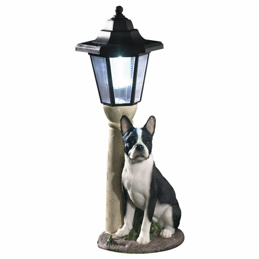 Realistic Boston Terrier Dog Garden Sculpture w/ Solar Lighted Lamp Post