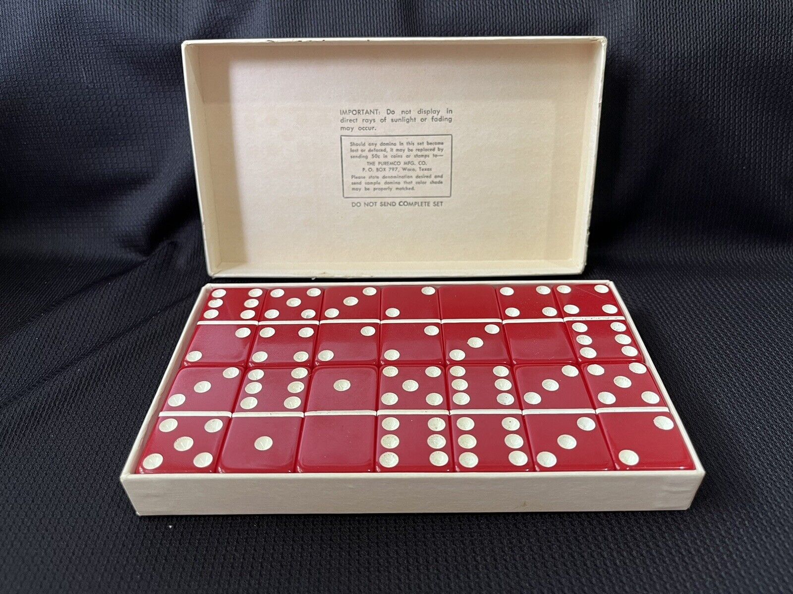 Vintage Puremco Dominoes Red Marblelike Standard Dominoes #616 Waco circa 1960s