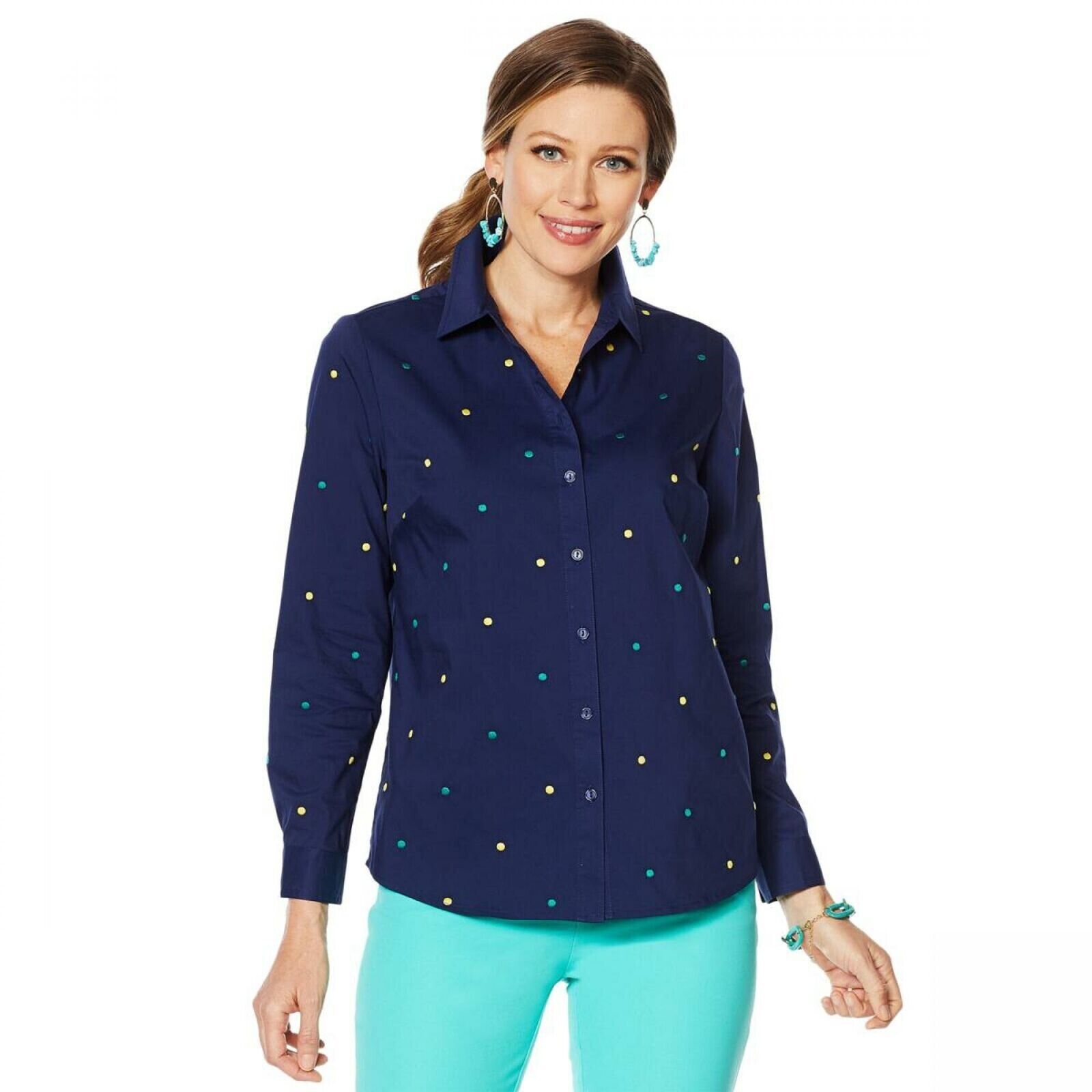 Shirt Lemon Way BLUE Dot Embroidered Button-Down New Poplin Stretch SZ XS