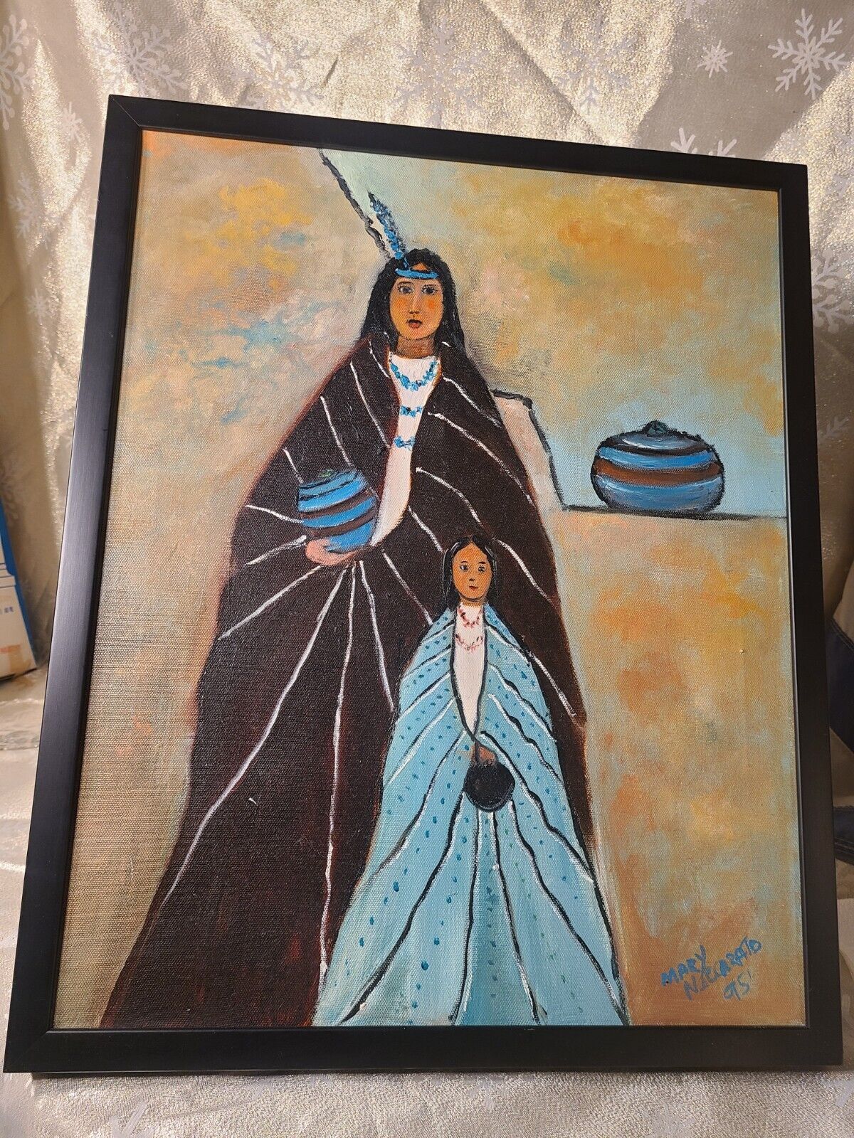 Vintage Oil on Canvas Southwest Native American Mother & Child by Mary Naccarato