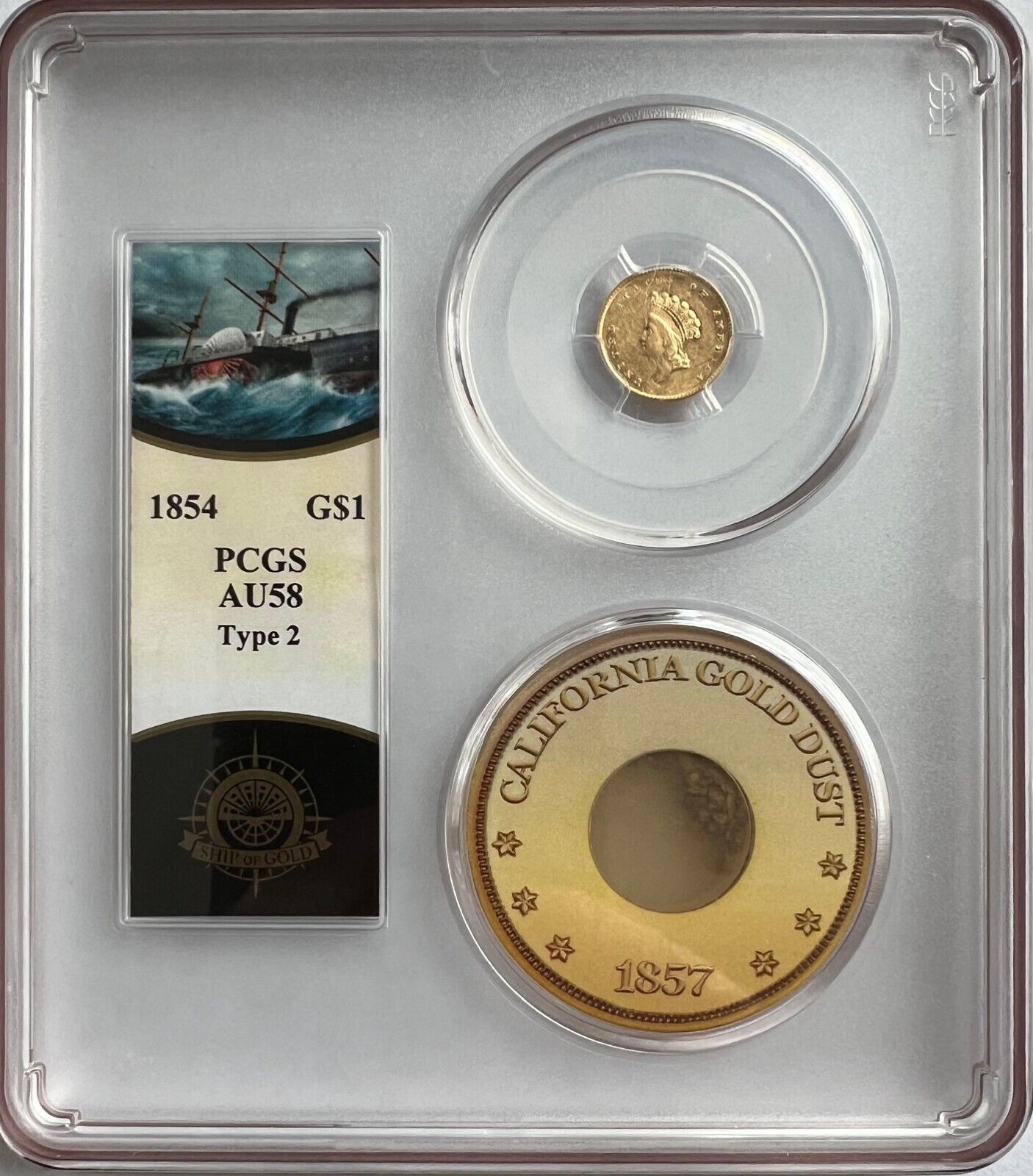 SS CENTRAL AMERICA 1854 TYPE 2 $1.00 GOLD  DOLLAR AU58 W/PINCH SHIPWRECK GOLD