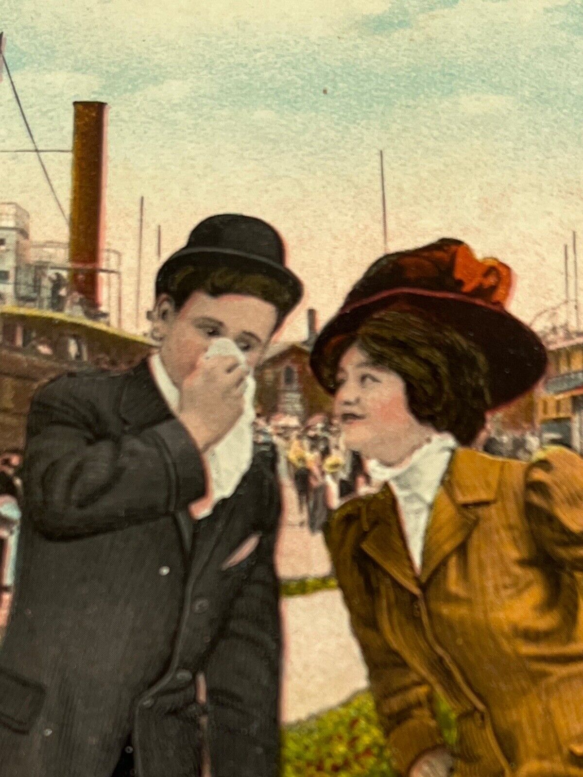 Antique 1909 Ephemera Humor Postcard EL Theochrom Comic Series Steamship Couple