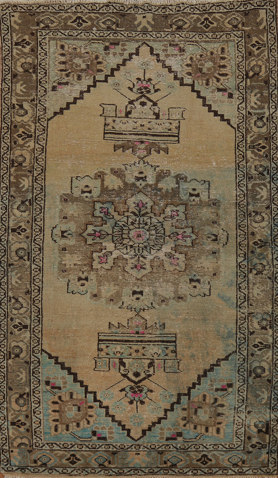 Vintage Muted Wool Hamedan Area Rug 4x7 Geometric Hand-knotted Tribal Carpet