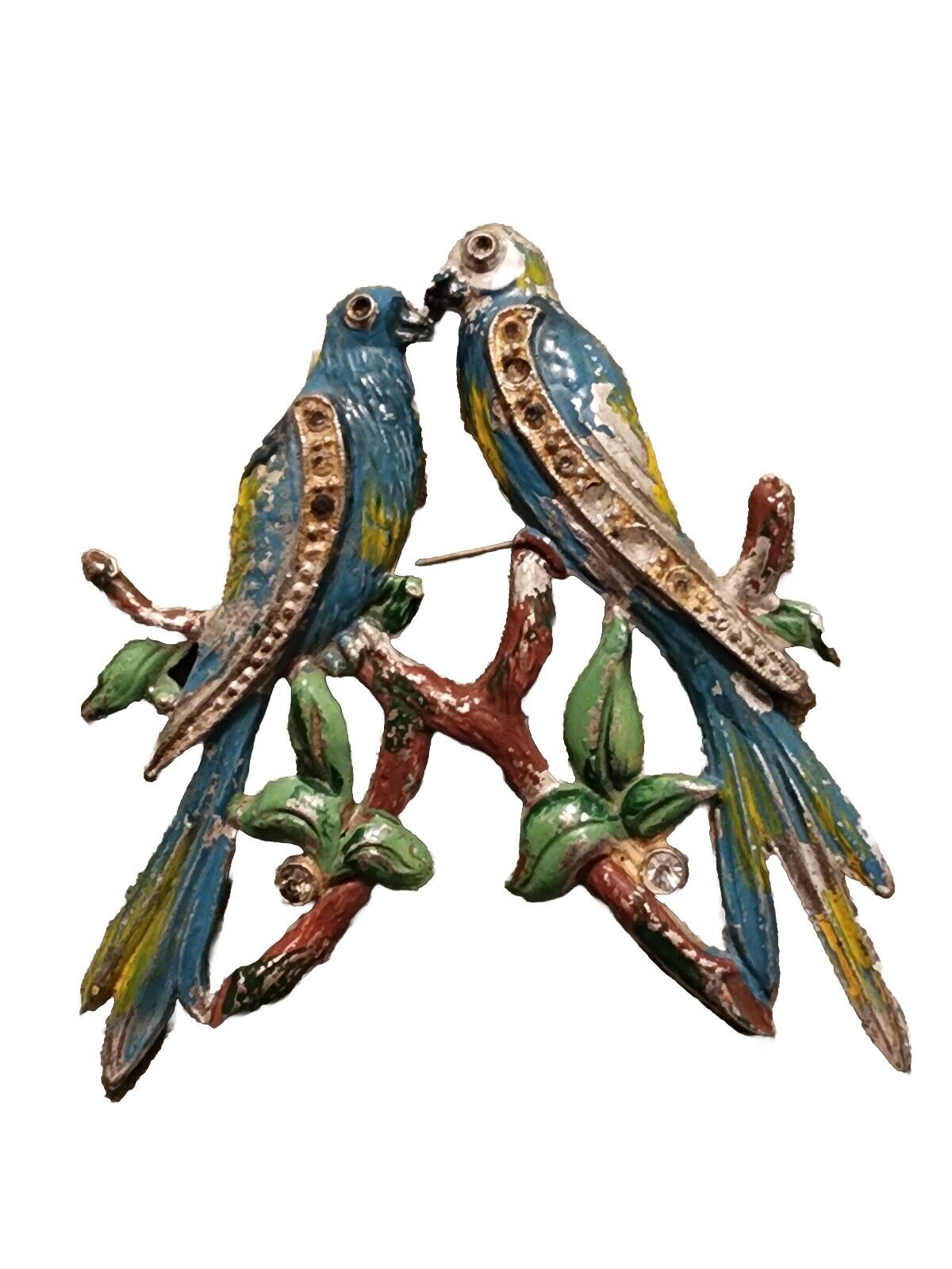 Antique Early 1900s Pot Metal Two Love Birds Blue Enamel And Rhinestone Brooch