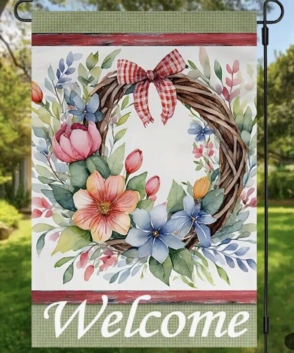 Welcome - FLowers on a Wreath Double Sided Garden Flag ~ 12\