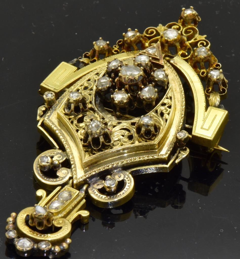 Antique Georgian 22k Solid Gold Brooch Pendant Rose Cut Diamond  c1800\'s Boxed