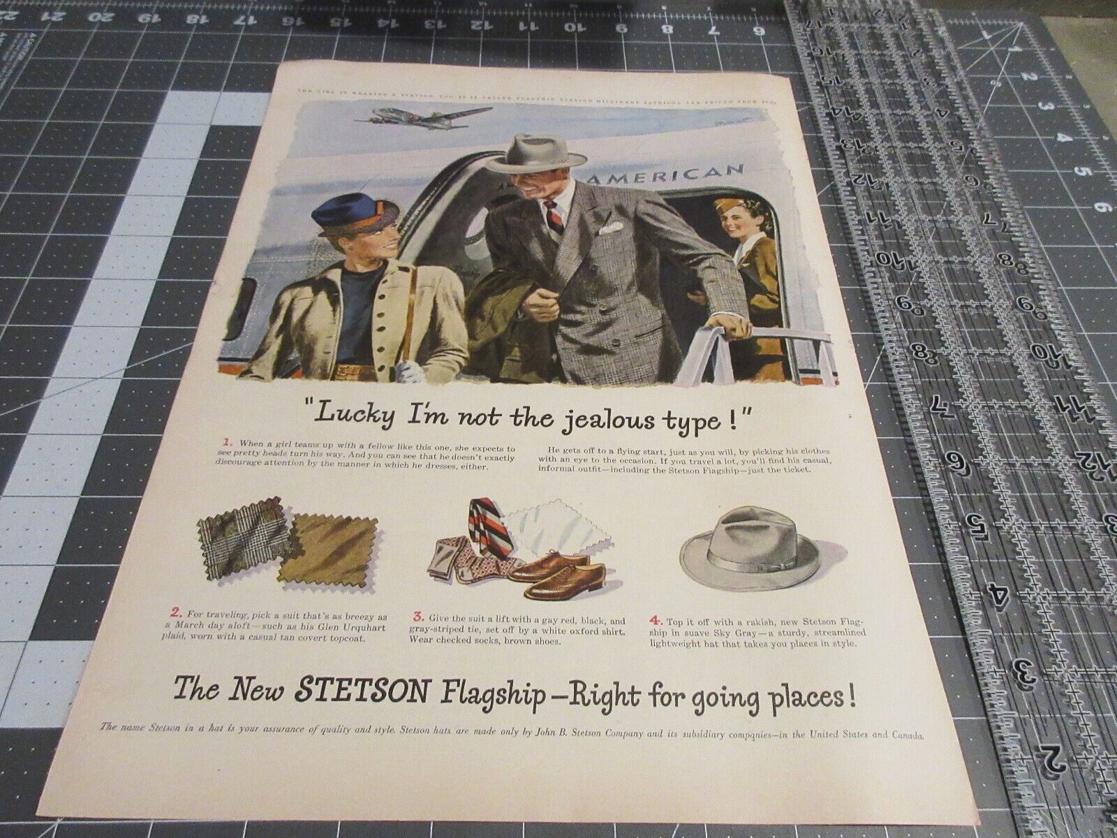 1947 Stetson Flagship Hats Vintage Print Ad couple getting off a plane FASHION