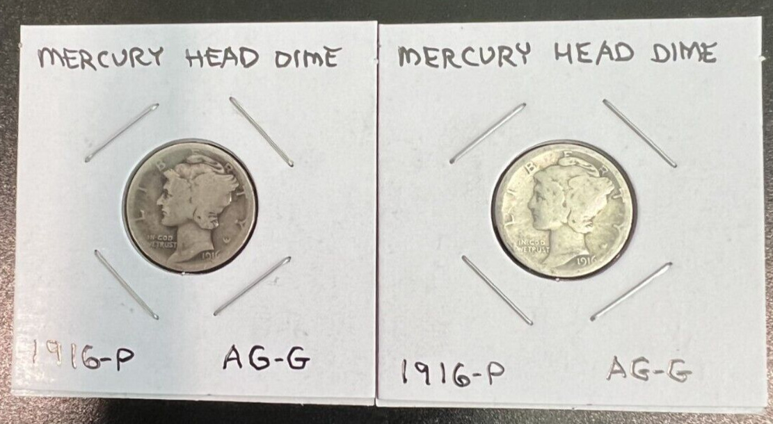 1916-P | Mercury Dime | 10c | 1st Year Issue | 2-Coin Lot | Buy 1 or more & save