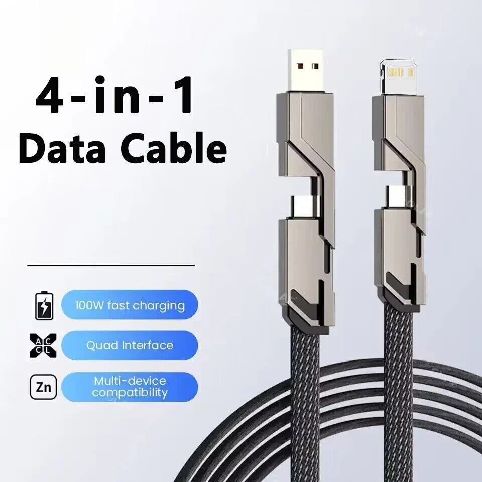 4-in-1 USB TYPE C Cable 100W Fast Charging Flat Braided Anti-Tangle Universal US