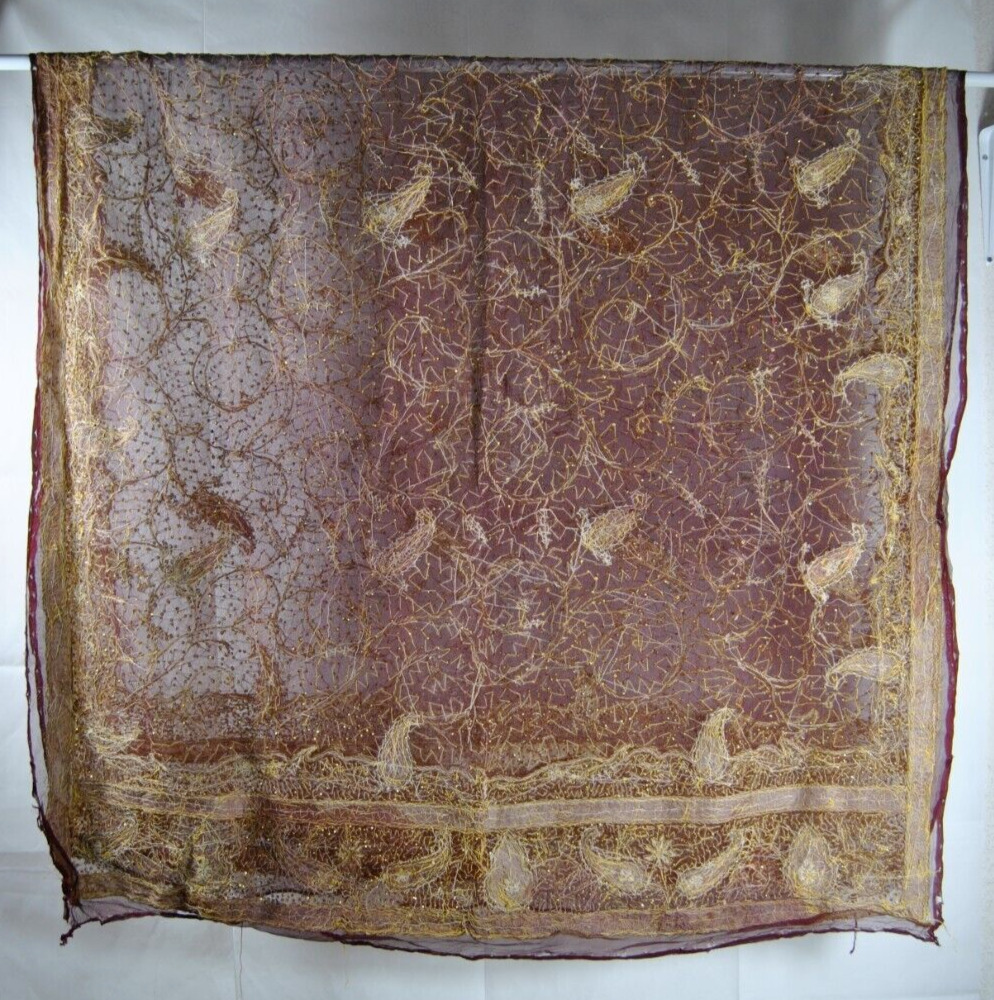 Vintage Chiffon Dupatta Hand Sewn Maroon Embroidered with Gold Shaw 48 x 83
