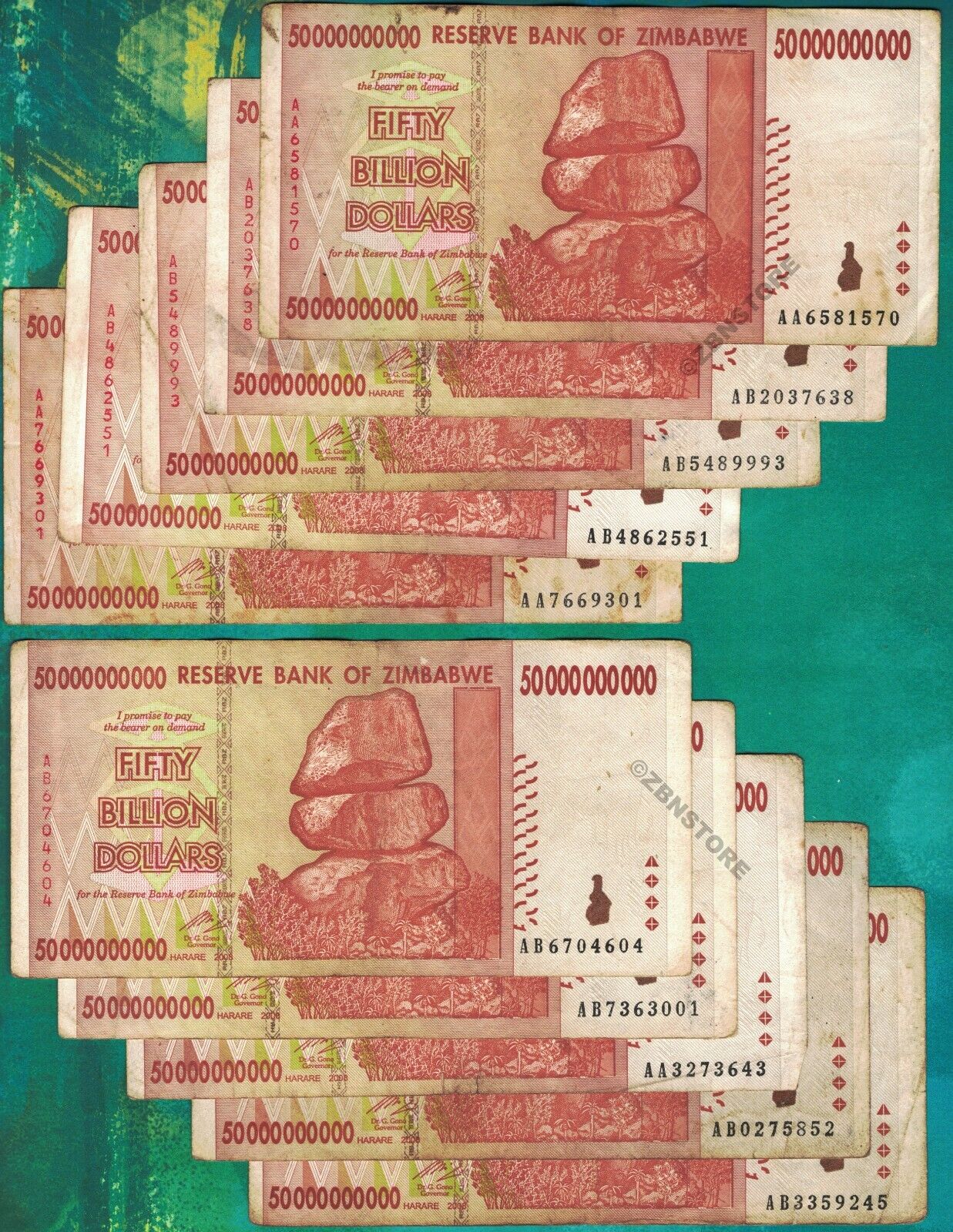 10 x 50 Billion Zimbabwe Dollars Banknotes AA AB 2008 100 % Authentic Used + COA