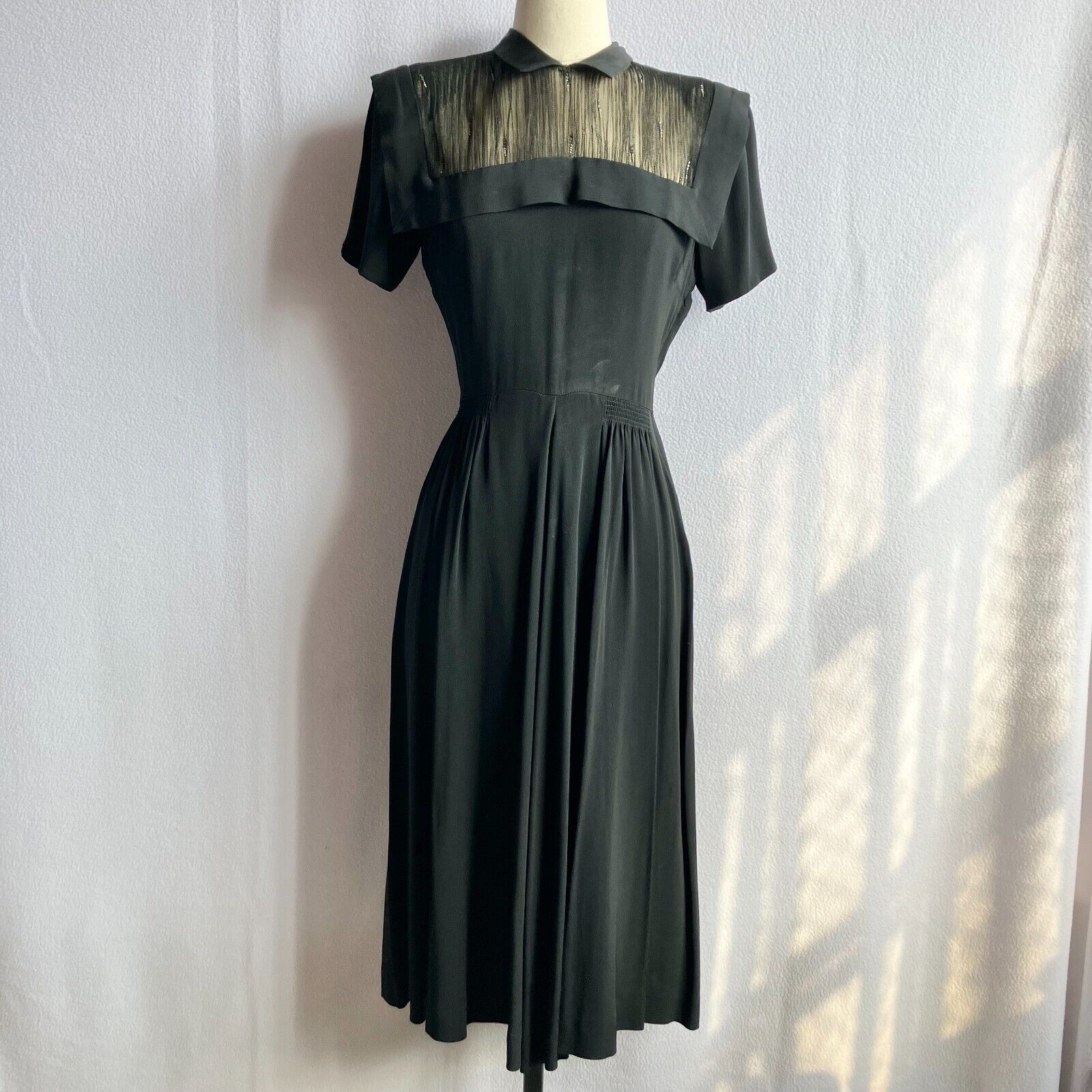 Vintage 1940s R&K Originals Black Illusion Bodice Flare Skirt Dress AS IS