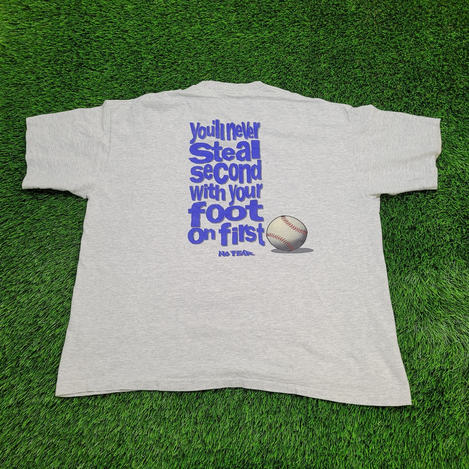 Vintage NO-FEAR Baseball Never-Steal Slogan Shirt 2XL-Short 25x27 Gray Sports