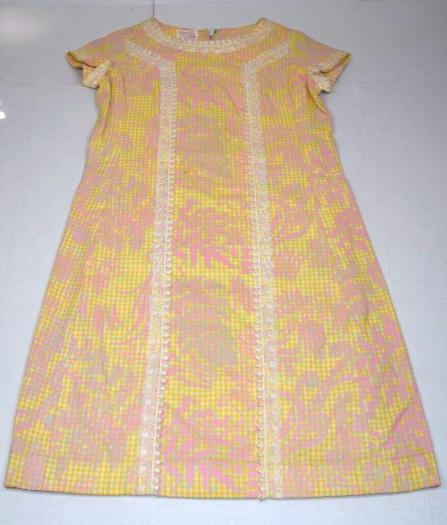 Lilly Pulitzer Dress Vintage 60s Shift Beach Dress Yellow Pink Green Lace Sz M/L