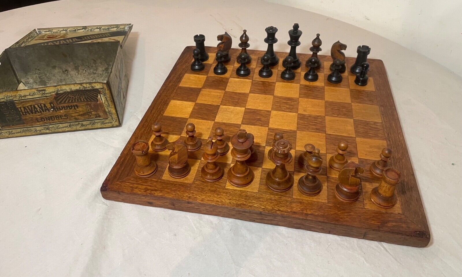 antique 1800\'s handmade wooden marquetry gaming chess checker board with pieces