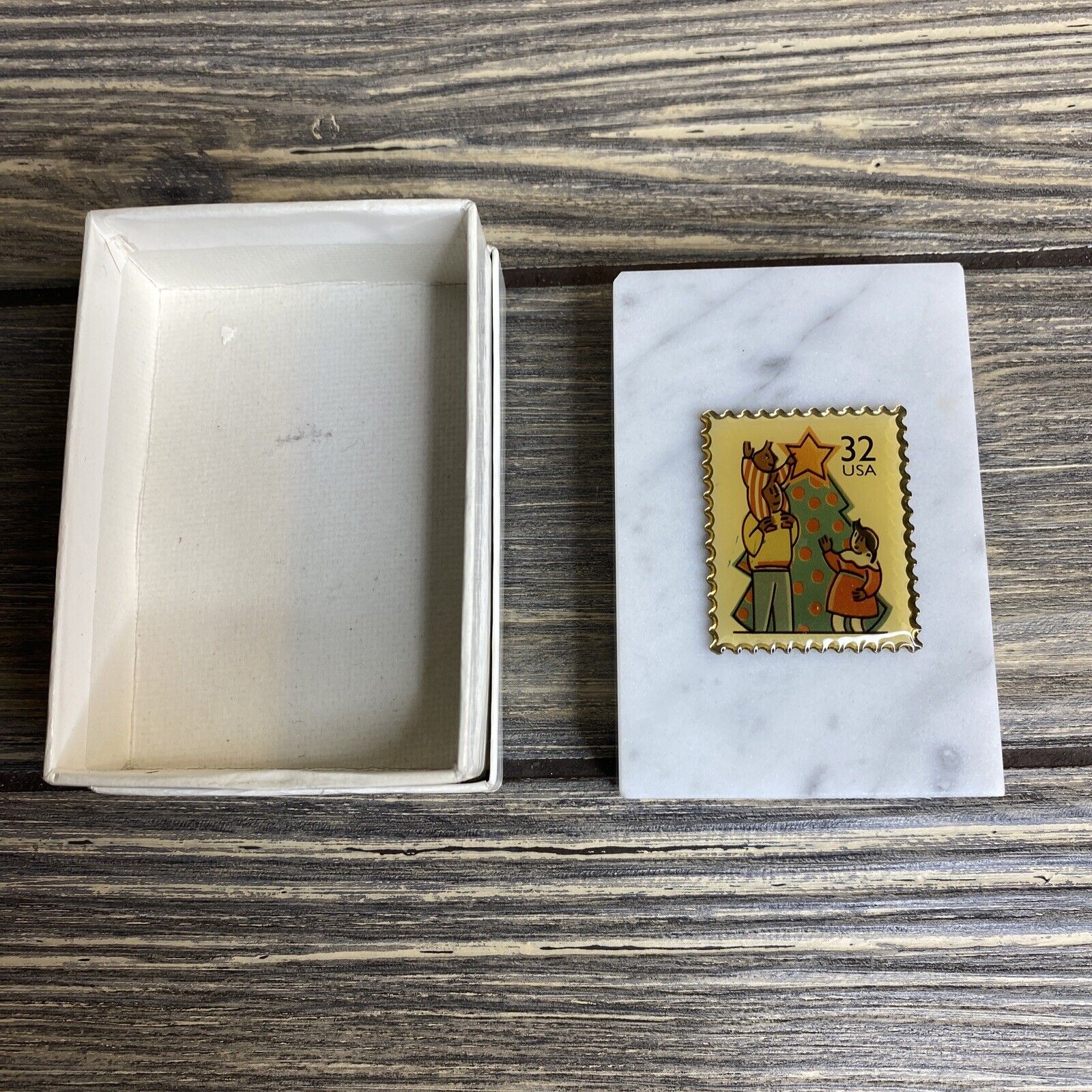 Vintage March Co Stamp Design Marble Paperweight 32 Cent Stamp Christmas Tree