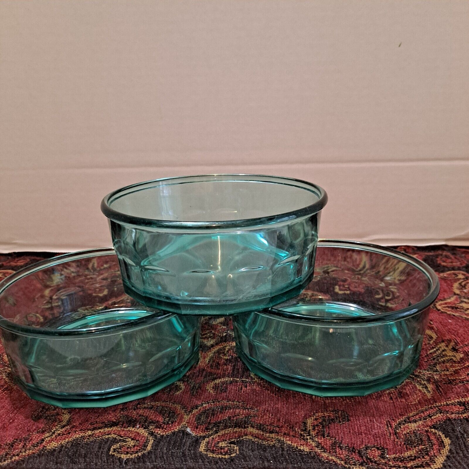 Lot of 3 Vintage Arcoroc France Teal Green Aqua Rib Sided Bowls Maked #10