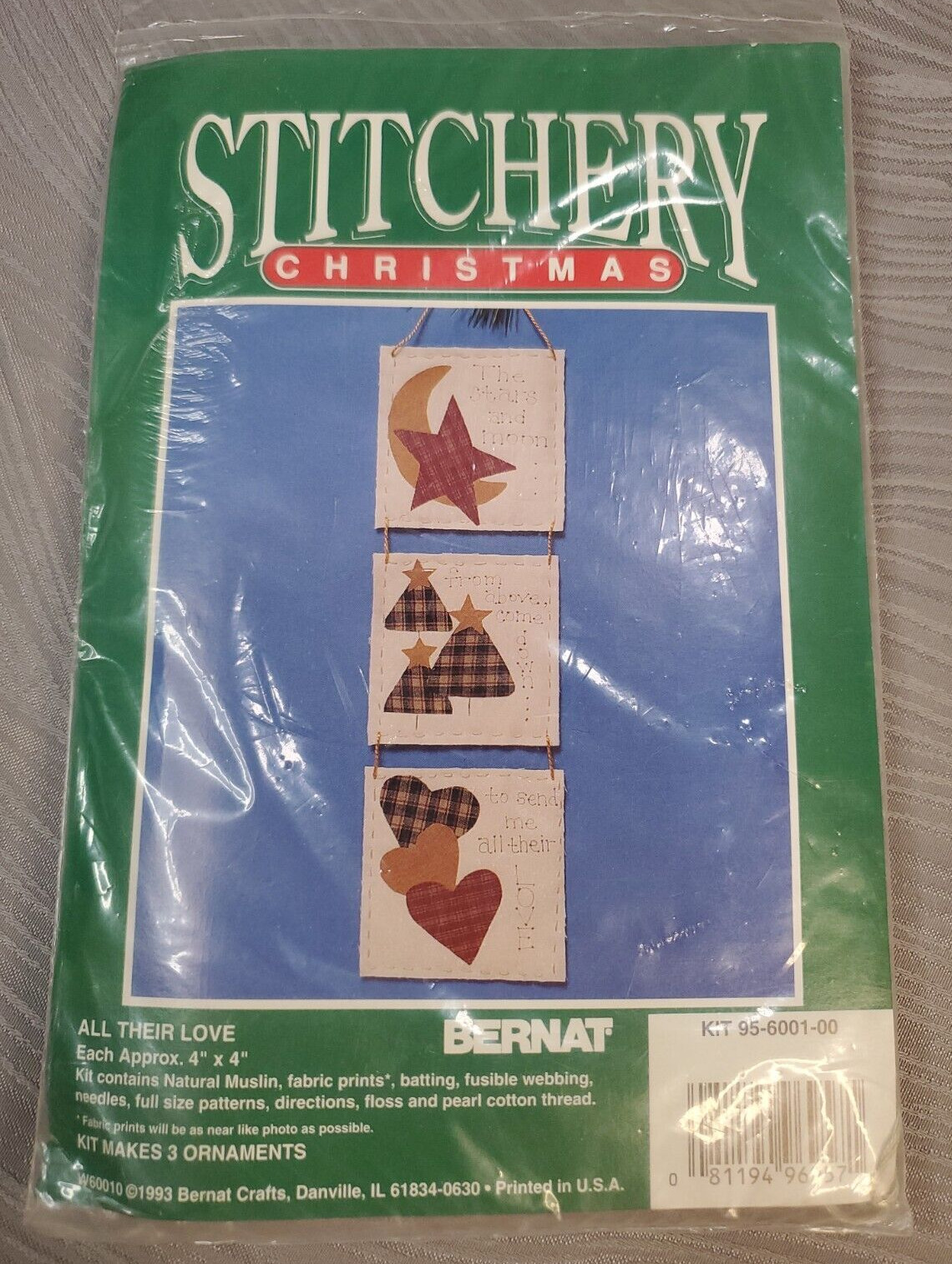 1993 Stitchery Bernat Christmas ALL THEIR LOVE Wall Hanging NEW Hearts Trees 