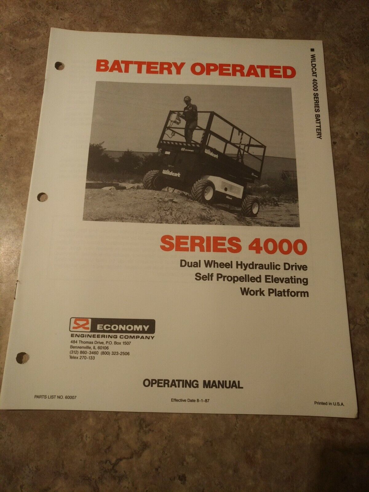 Snorkel Economy Wildcat 4000 Series Battery Man Lift Operator\'s Manual 1987