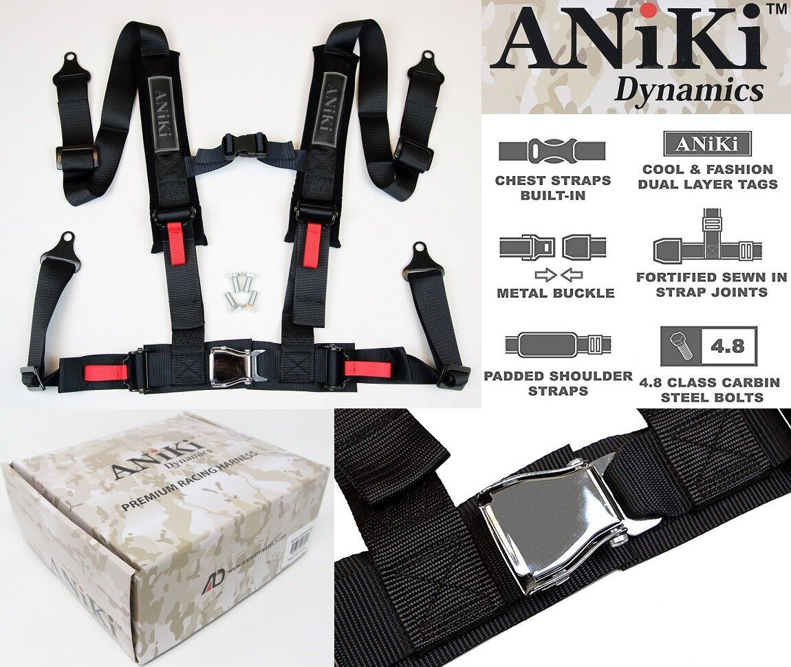 2X ANIKI BLACK 4 POINT AIRCRAFT BUCKLE SEAT BELT HARNESS w/ ULTRA SHOULDER PAD
