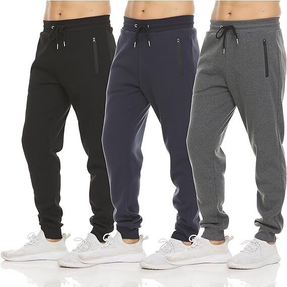 3 PACK: Men's Fleece Lined Slim Fit Casual Tech Jogger Sweatpants Zipper Pockets