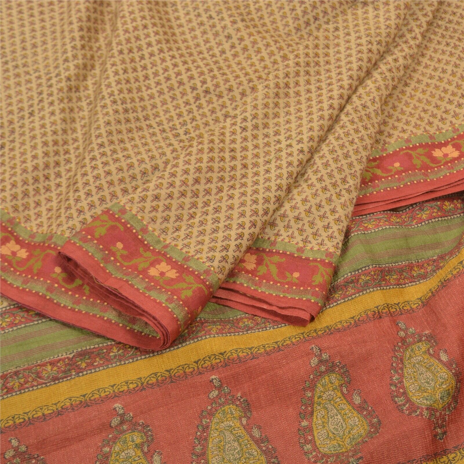 Sanskriti Vintage Cream Indian Sari 100% Pure Silk Fabric Printed 5 Yard Sarees