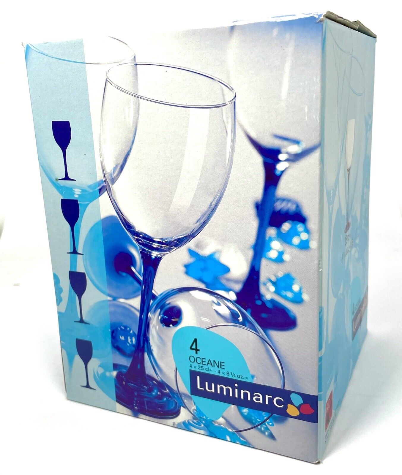 Set Of 4 Vintage Luminarc Oceane Saphir Cobalt Blue Stemmed Wine Glasses 8.25 oz
