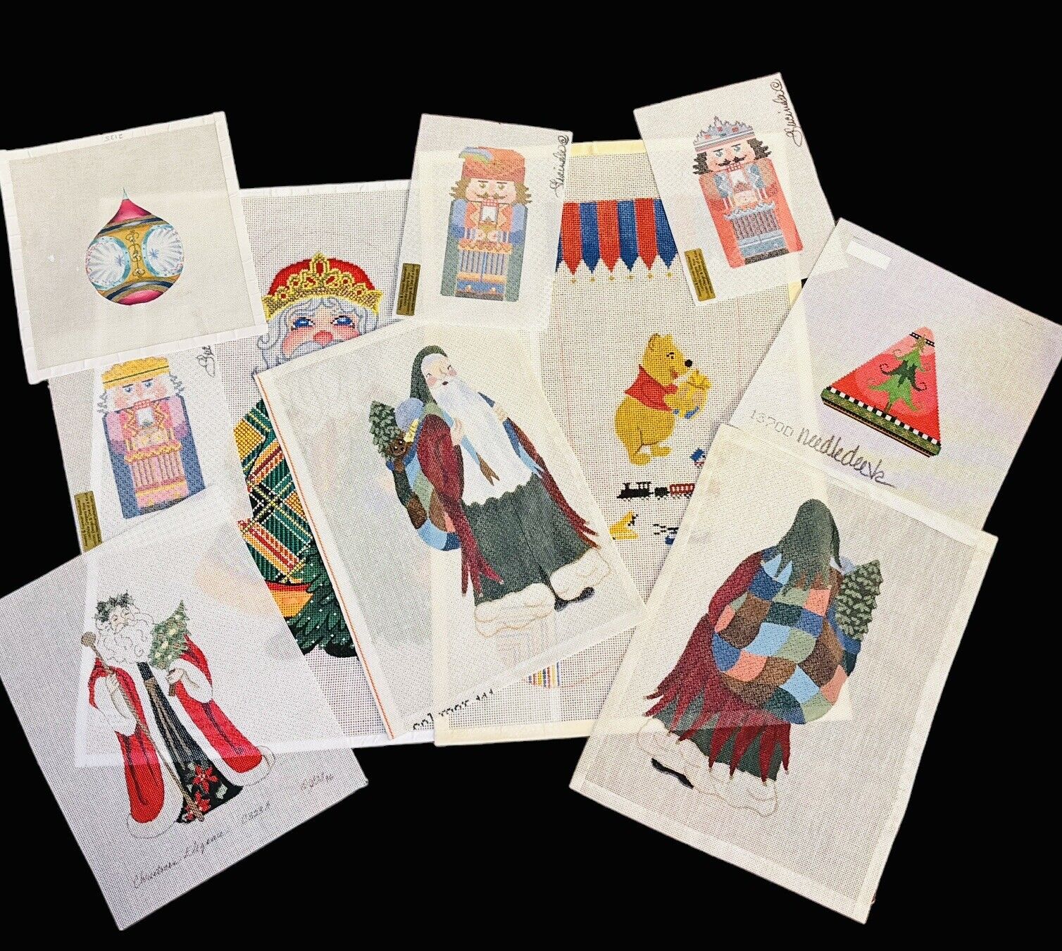 Lot Of 9 Vintage Hand-painted Christmas Needlepoint Canvases.
