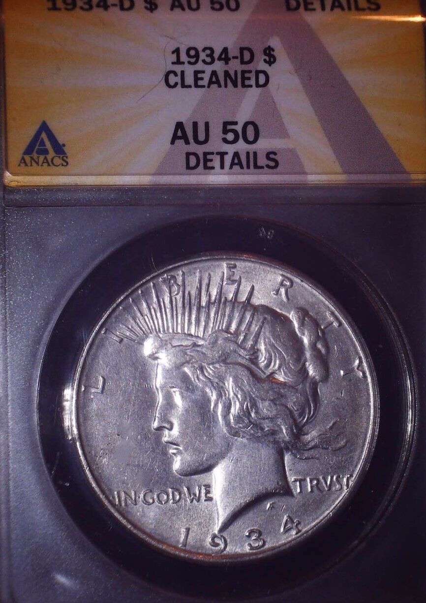 1934-D Peace Silver Dollar ANACS AU50, Good Solid Coin, Lower Mintage