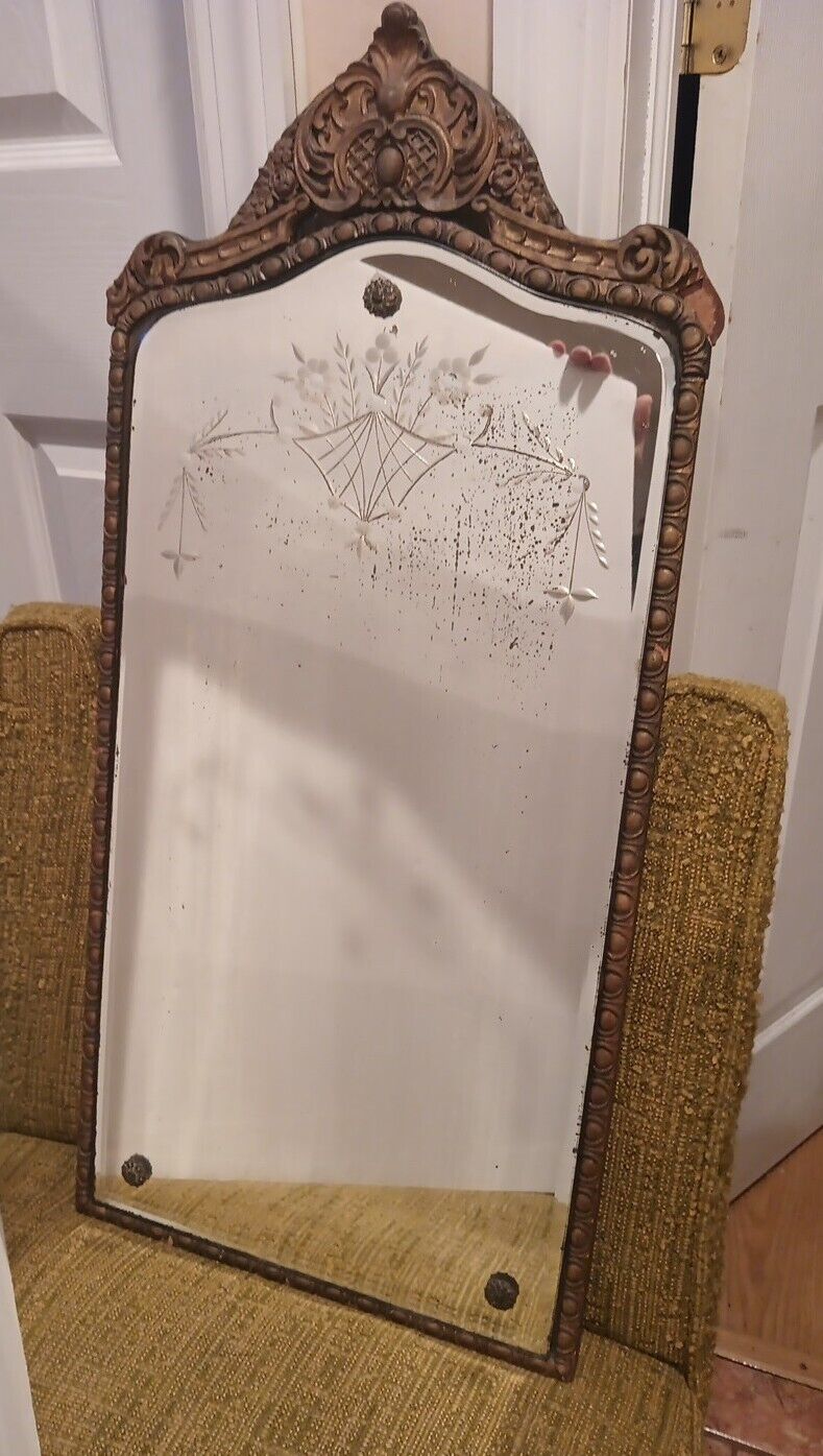 Vintage Mirror Art Deco Arched Etched Glass Wood Nouveau Wall Display Prop 28\