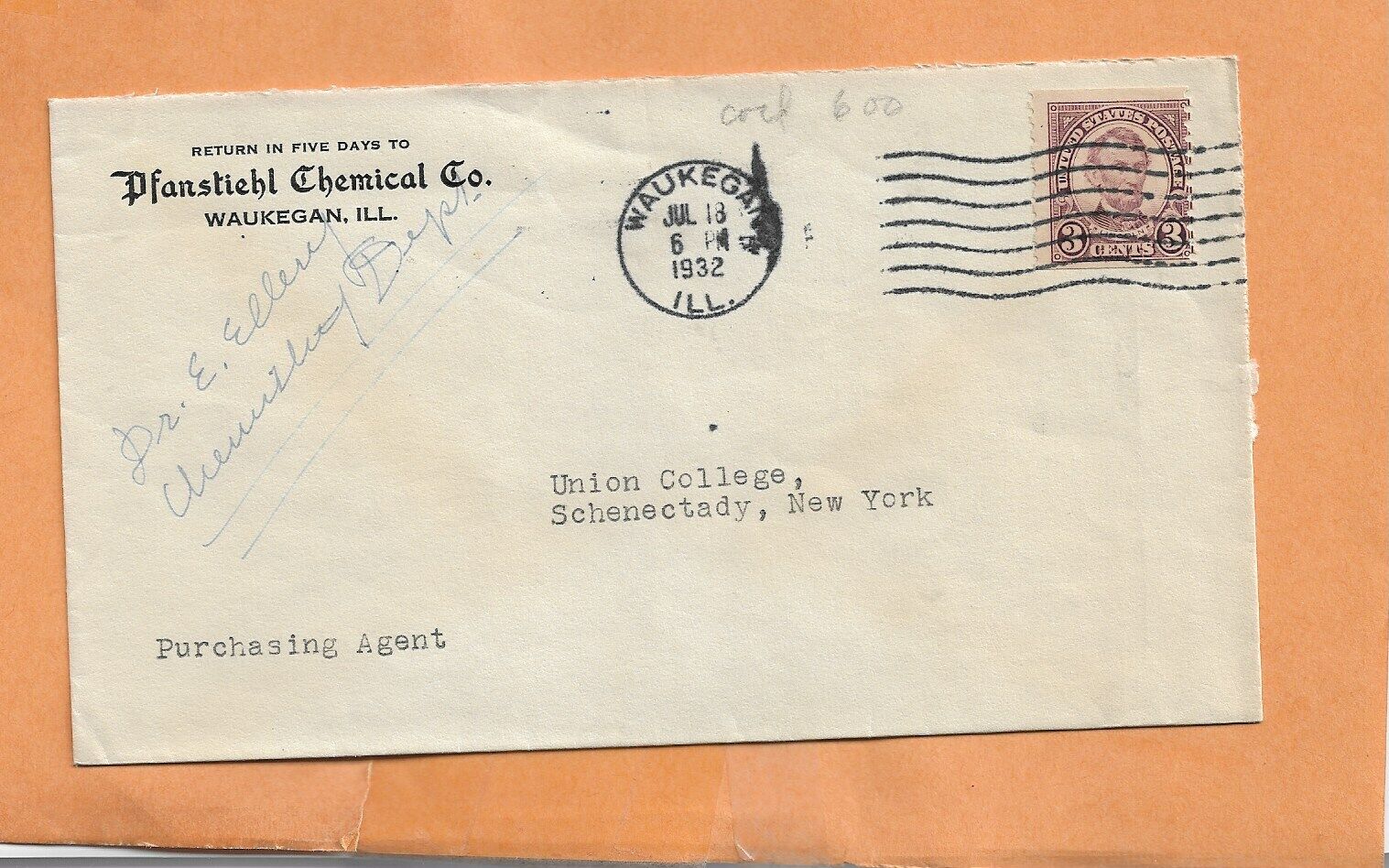 PFANSTIEHL CHEMICAL CO 1932 WAUKEGAN ILL  VINTAGE ADVERTISING COVER *