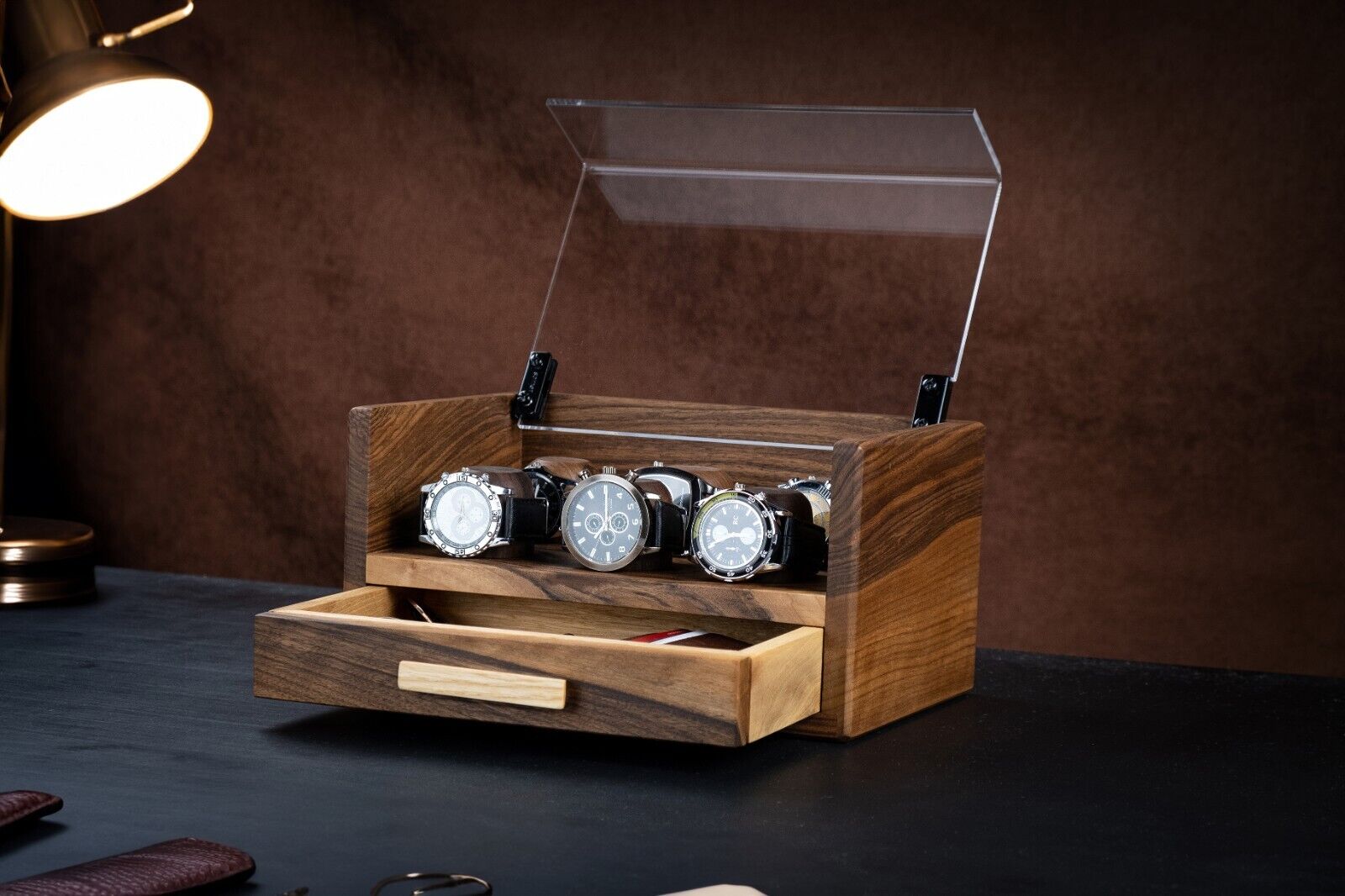 Custom Handmade Walnut Watch Holder with Drawer,  Watch Case with 6 Holders