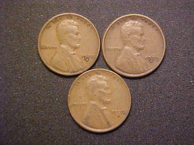 1928-29-30-S Set CIRC Lincoln Wheat Cents -3 Better Date Coins -d3422uxx