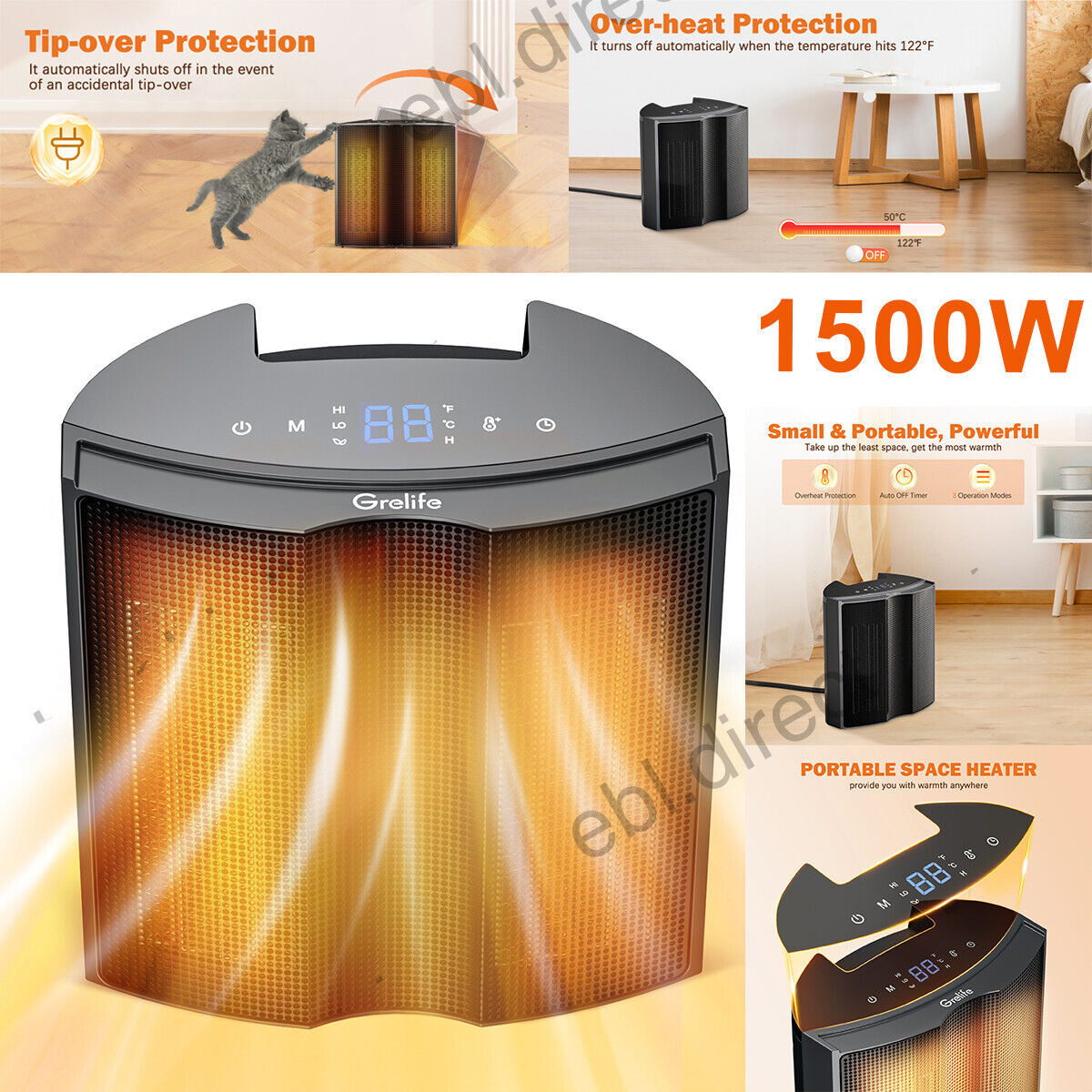 1500W Portable Electric Space Heater Garage Hot Air Fan for Indoor Large Room